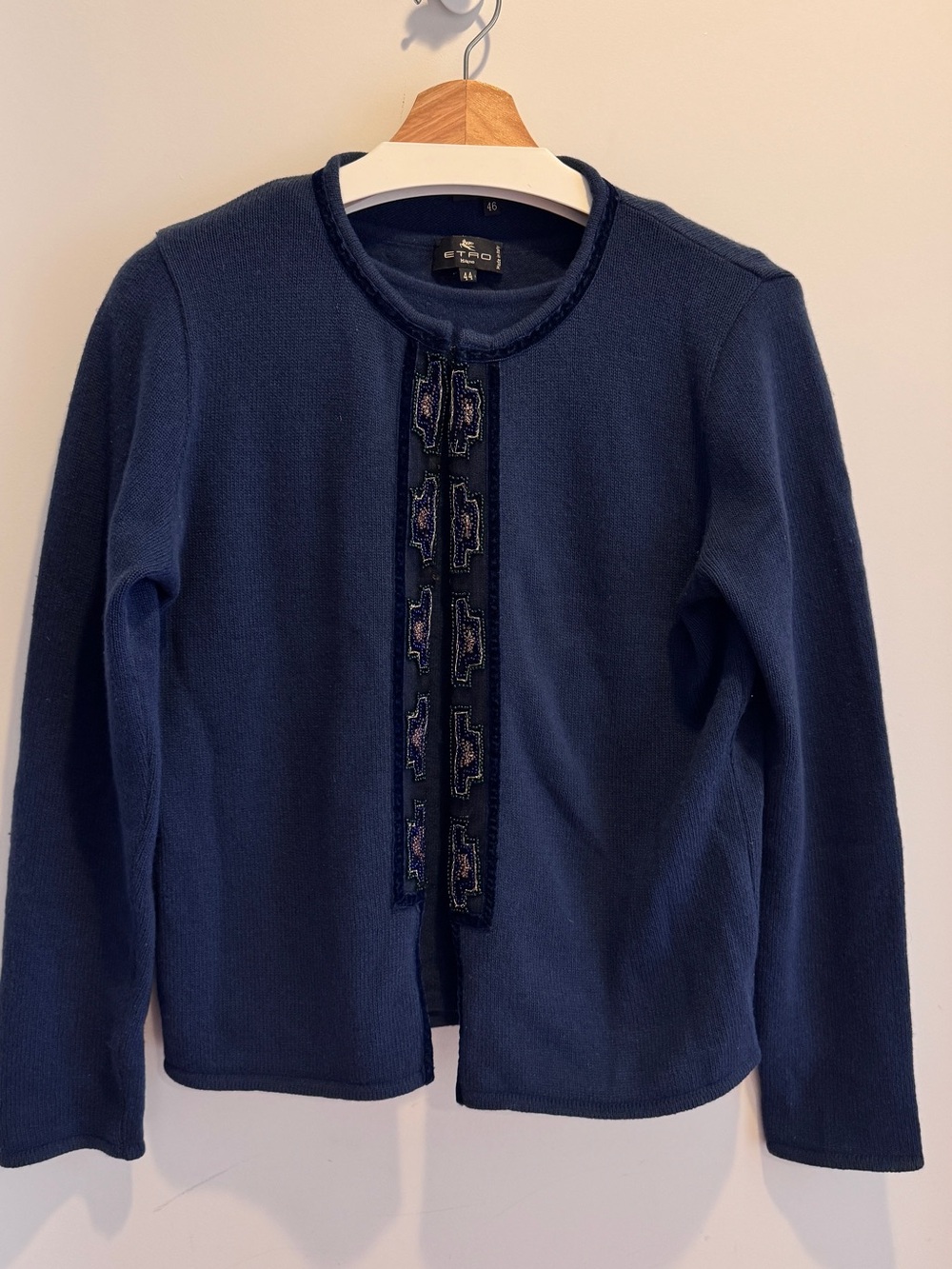 ETRO Milano Italian Wool Angora Beaded Twin Set Cardigan Tank Navy